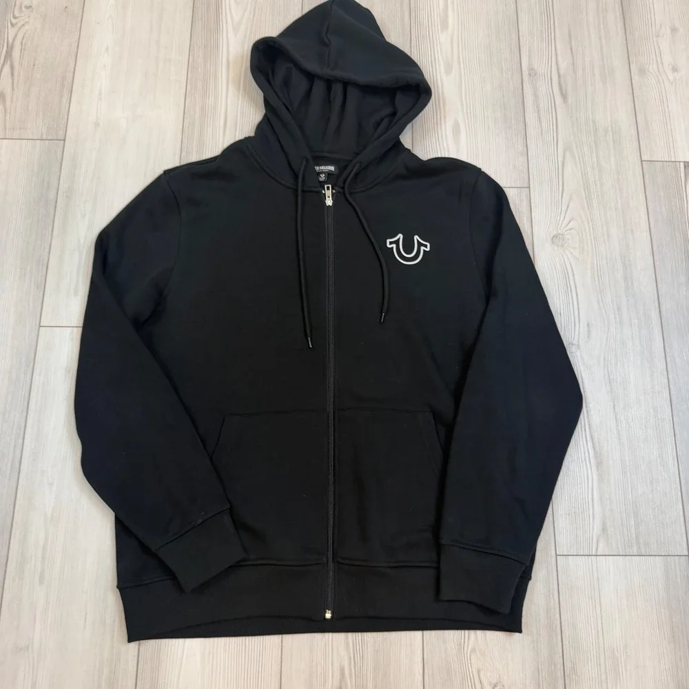 True Religion Mens Old Skool Zip Hoodie Black Fleece Graphic Sweatshirt XL